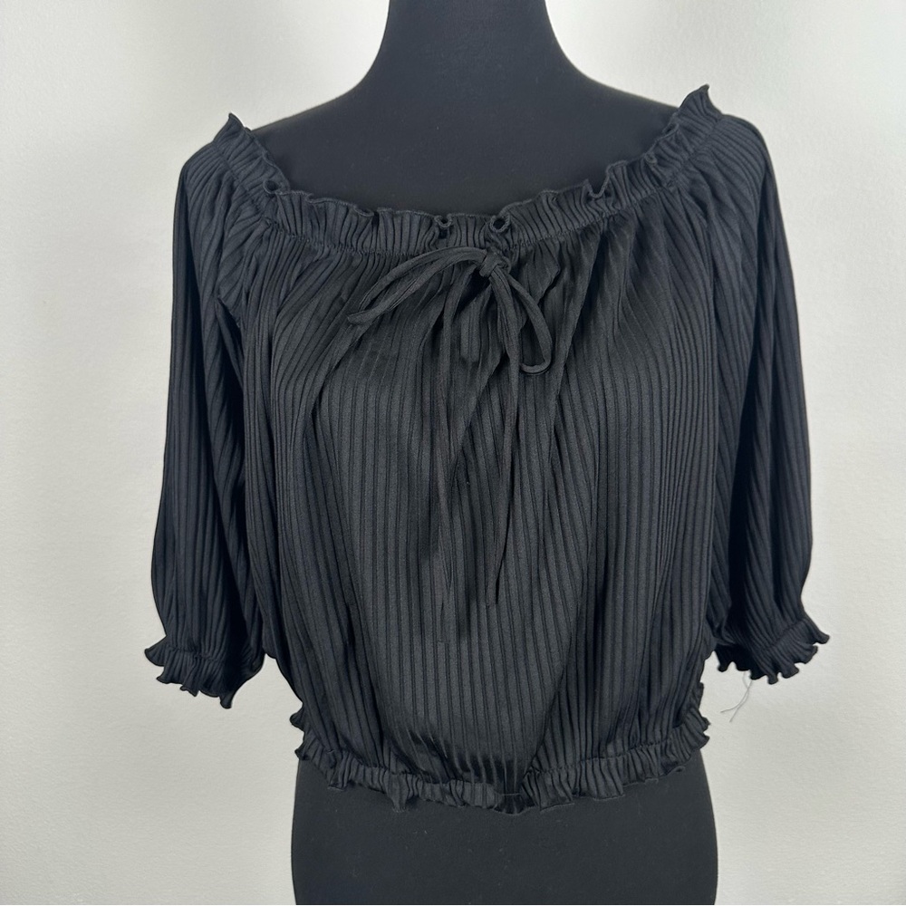 Off the Shoulder Top Womens XL Black Ruffle Trim Pullover Stretch Casual Boho